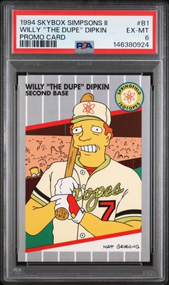 #ad 1994 SkyBox Simpsons Promo B1 Willy Dipkin PSA 6 Bill Ripken Fish Face Parody $75.00