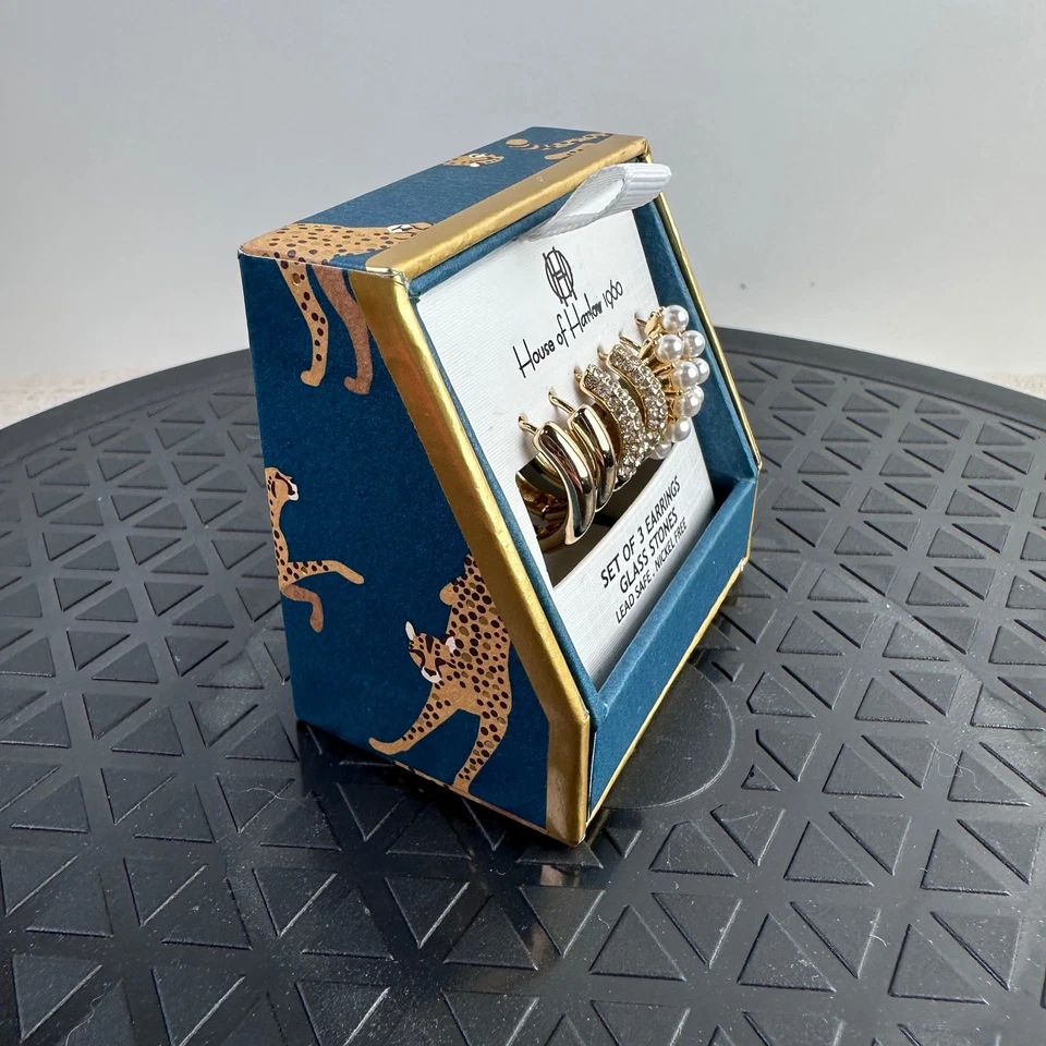 House of Harlow 1960 Conjunto de 3 Brincos Pedras de Vidro Argola de Ouro Sem Chumbo Níquel - Imagem 4 de 4