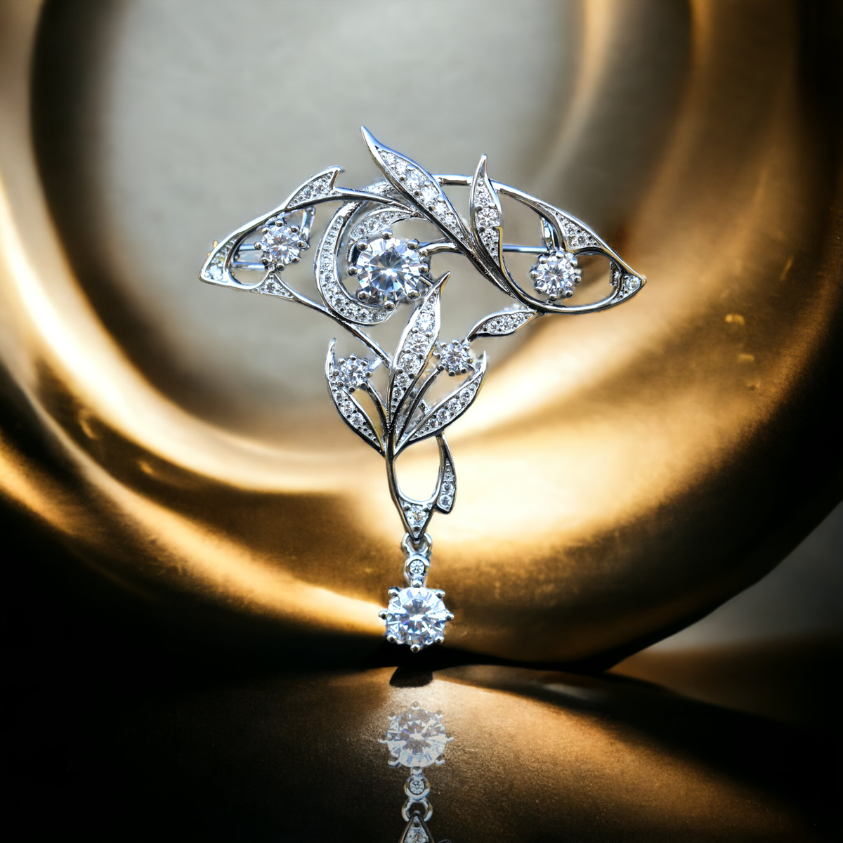 Broche Vintage Dentelle Florale Laurier Sertie De Cristaux CZ - Plaqué Or - Neuf Sans Emballage