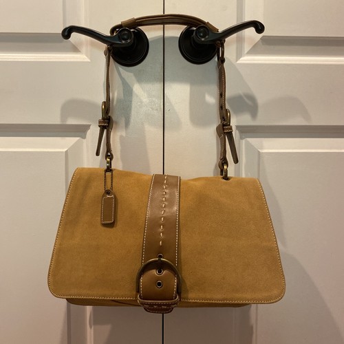 Vintage Y2K Coach Suede/Leather Two Tone Buckle Flap Beige Shoulder Handbag