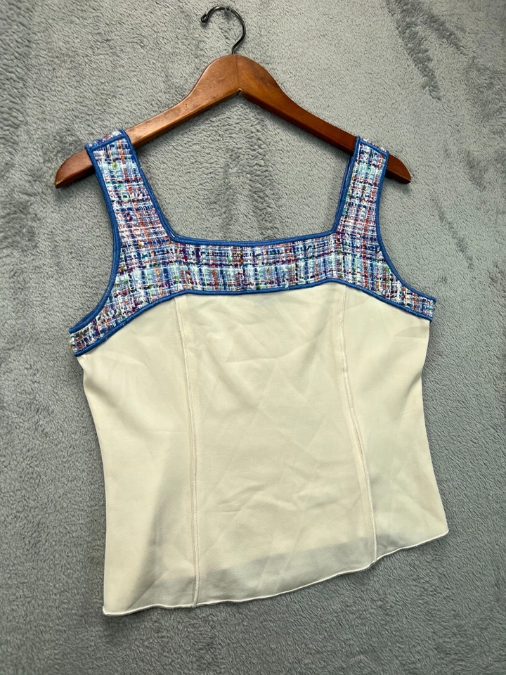 Blusa sin mangas Doncaster cami de seda para mujer 8 azul marfil con ribete de tweed para dama Foto 2 de 4