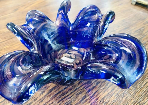VTG Tuscany MURANO VENETIAN Cobalt Blue Gold Bubble ART GLASS Bowl Ashtray Italy