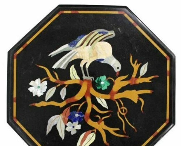 12" black coffee center marble table top inlay malachite home decor antique - Image 3 of 4