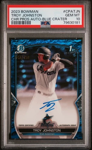 Troy Johnston 2023 Bowman Chrome Blue Crater Refractor 1st RC Auto /150 PSA 10