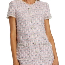 Mac Duggal Medium Pink Boucle Cap Sleeve Floral Button Detail Shift Dress NEW