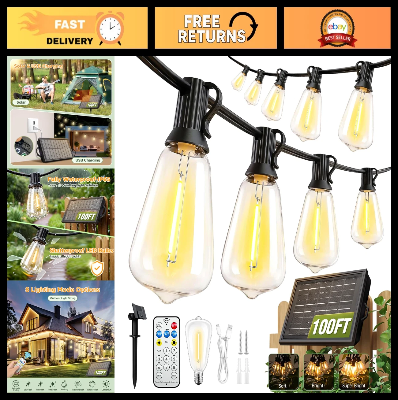 100FT Solar String Lights - Waterproof LED Bulbs, Remote & Timer, USB Powered fo