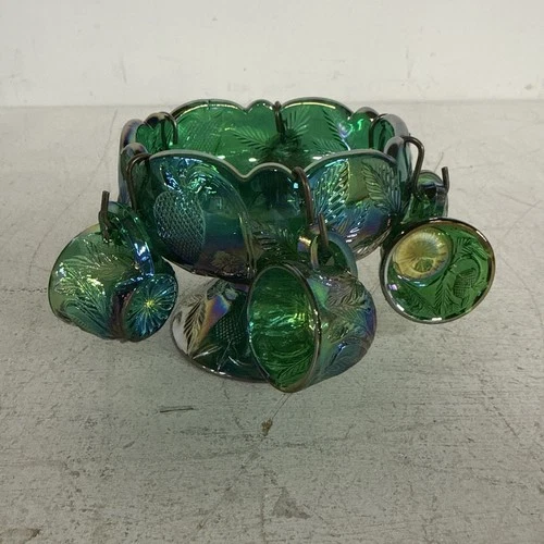Vtg Westmoreland Iridescent Green Carnival Glass Mini Punch Bowl Set RARE Mint
