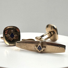 Vintage 90s Masonic Cufflinks & Tie Bar Set Gold Tone Blue Enamel Square Compass