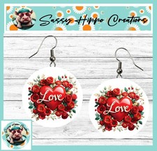 Earrings Round Silver Hook Backs Red Heart Love Flowers Valentine's Day MDF