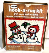 VINTAGE LATCH HOOK RUG KIT CHRISTMAS MR MRS SNOWMAN COUPLE 20x27" MALINA UNMADE