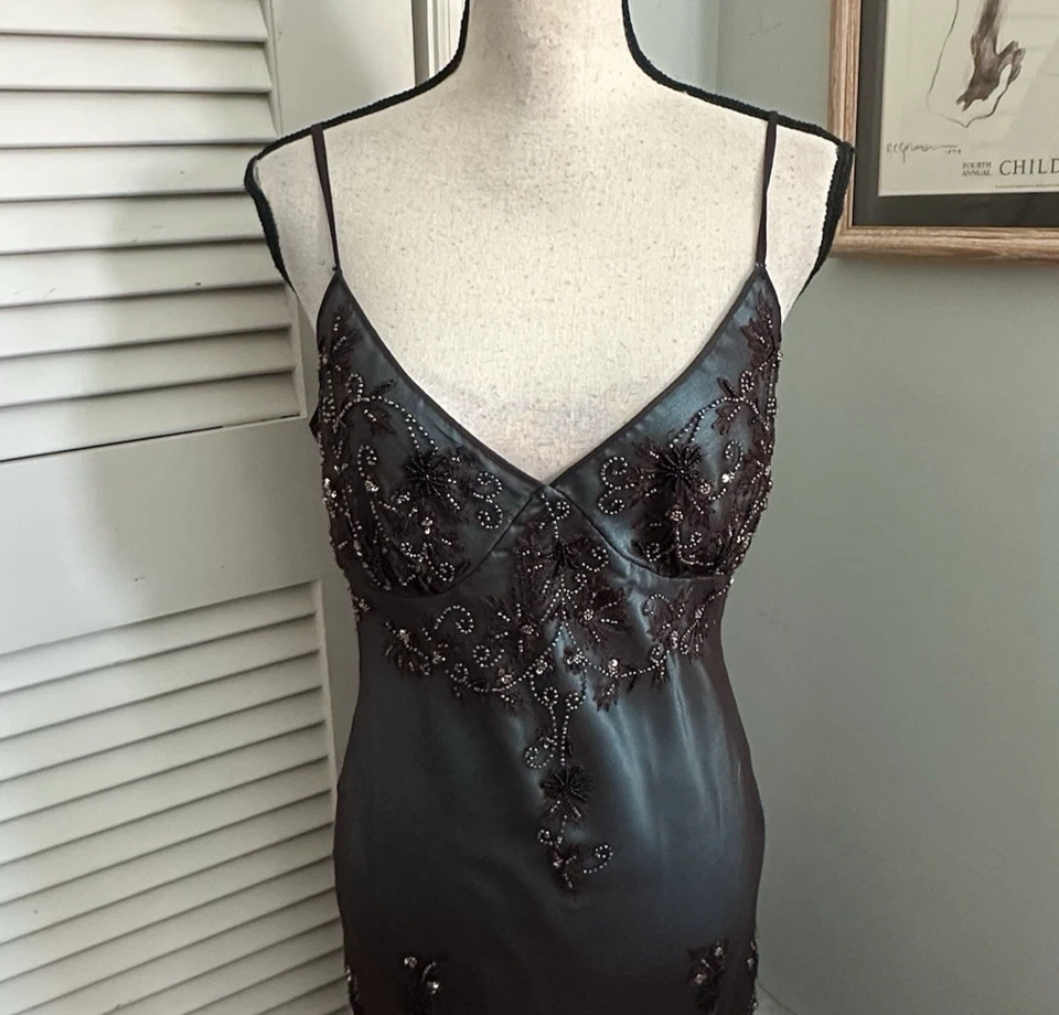 Vestido Papell Vintage Mujer 12 Vestido Azul Marrón Cuentas Y2K Hada Gótico Capricho Foto 2 de 4