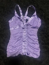 BEBE Sexy Lavender Violet Corset Ruffled Back Zipper Silk Top Size M