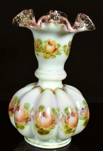 Vintage Fenton Charleton Peach Crest Melon Vase Handpainted Roses Gold Trim 6.5"