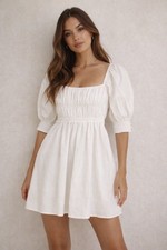 Emory Park Mini Dress Women's Small White Puff Sleeves Smocked Coquette Milkmaid