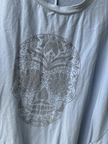 Ladies Long Cotton Top - Light Blue - Zip Detail - Diamante Skull - Size 24 26 - Picture 4 of 7