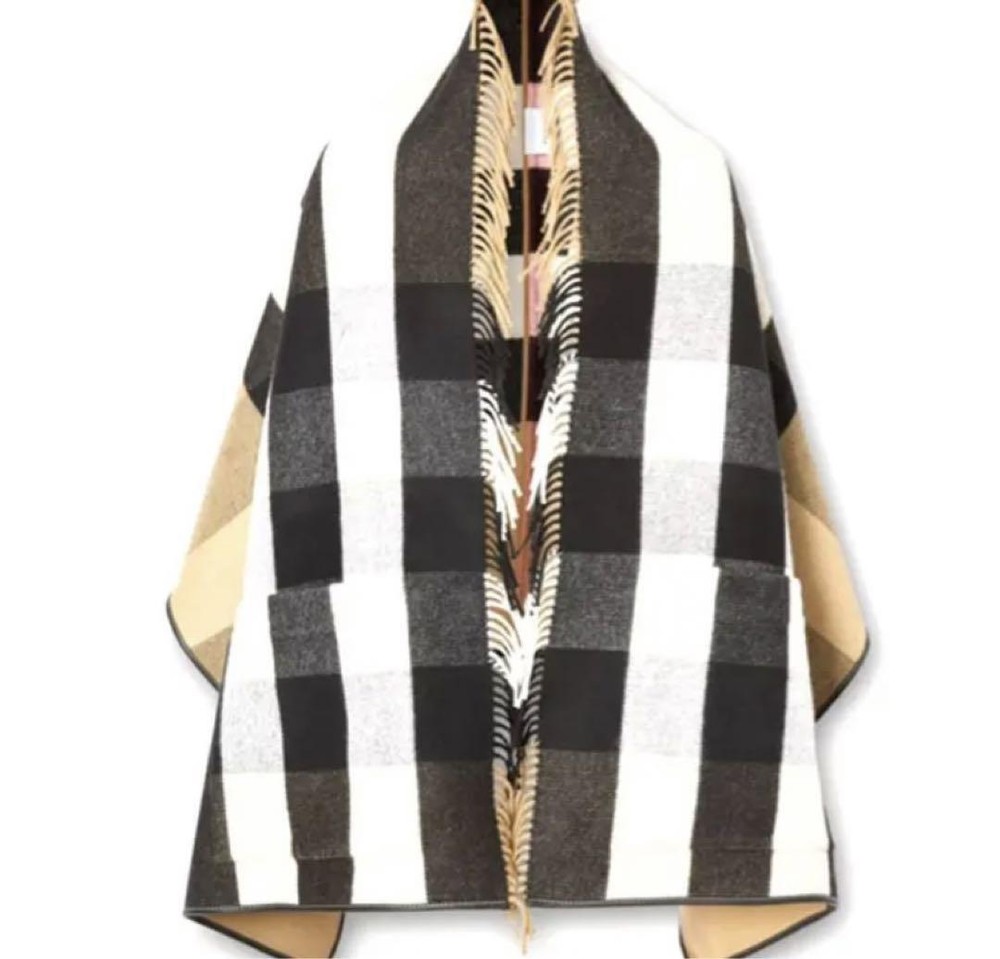 Burberry Wool Cashmere Cape Check Pattern Fringe Italian Made 180x60cm
