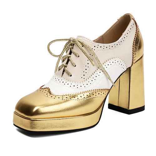 Damen Plateau Absatz Pumps Eckige Zehenpartie Schnürschuhe Brogue Oxford Preppy Schuhe Neu - Bild 6 von 23
