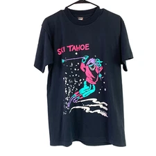 Vintage 1990 Ski Tahoe Puffy Paint Black Tee T-Shirt Large Screen Stars Best USA