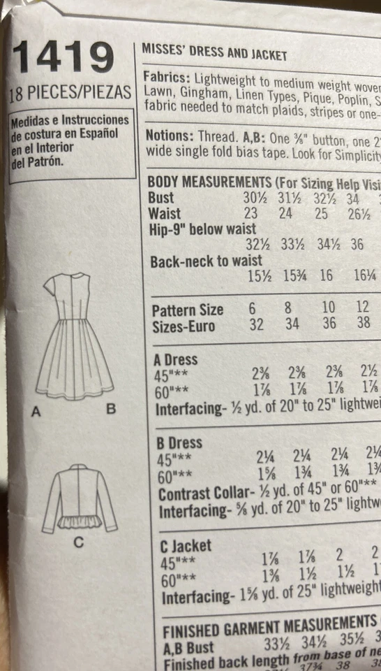 SIMPLICITY Lisette UNCUT Sewing Pattern 1419 Size 6-14 Misses Dress Jacket NEW - Image 4 of 4