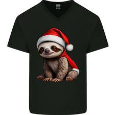 A Cute Christmas Sloth With Xmas Hat on Mens V-Neck Cotton T-Shirt