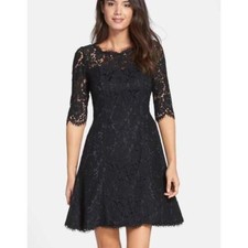 ELIZA J Black Floral Sheer Lace 3/4 Sleeve LBD Mini Flare Cocktail Dress 0 = XS