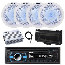 Pyle Marine CD Receiver, Amp, 4x 4" 100W LED Speakers, Antenna, Cover White 