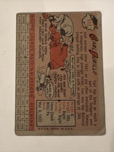 1958 Topps Set-Break #417 Carl Furillo LOW GRADE - Picture 2 of 3