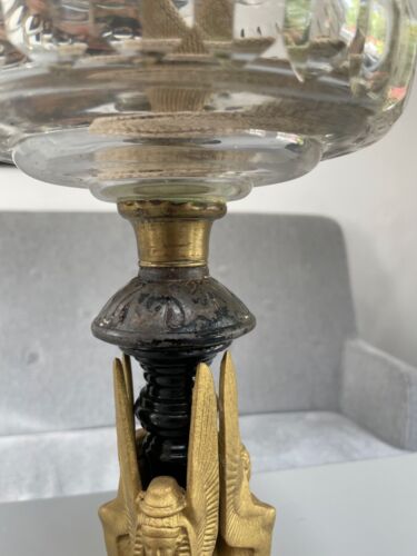 cast iron Egyptian Revival WINGED SPHINX OIL LAMP BACARRAT CUT GLASS FONT BURNER - Picture 2 of 14
