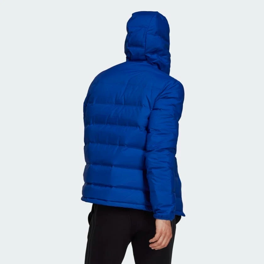adidas Jacket Mens Helionic Hooded Down Blue Windproof Outdoor Coat Football - Image 2 of 4