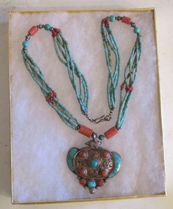 Antique Chinese Tibetan Turqouise & Coral & Silver Pendant Necklace 20.5"