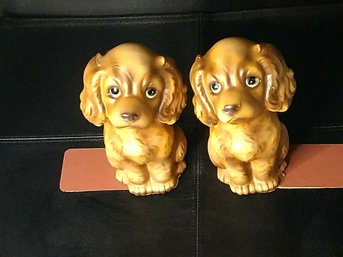 2 Fermalibri Vintage Enesco - Cuccioli Spaniel Marrone Porcellana - Metà Secolo - Foto 4 di 12