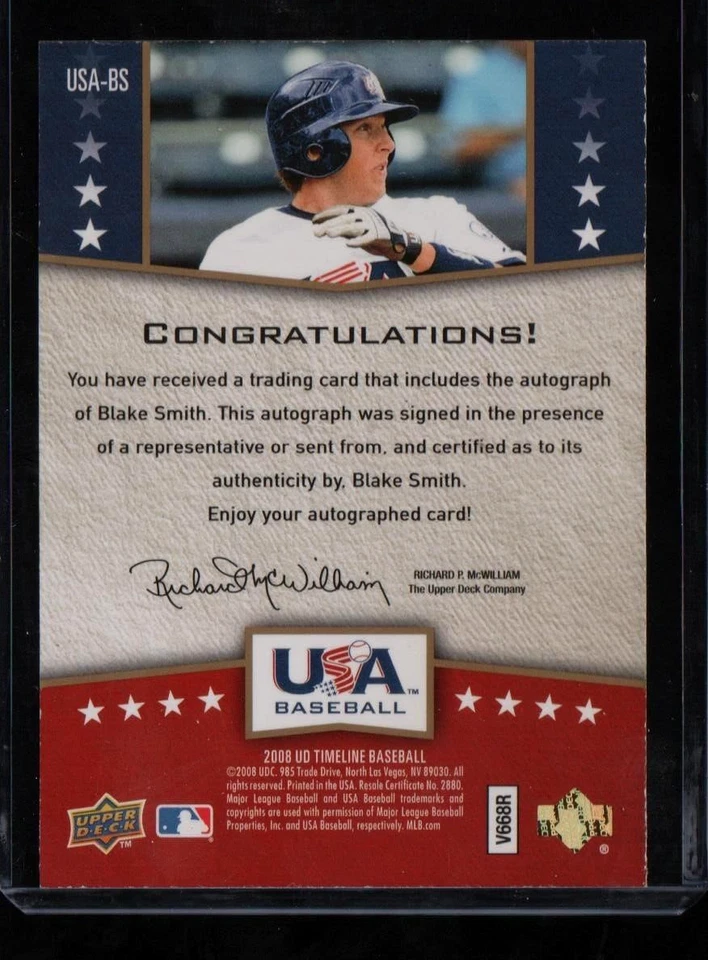 Blake Smith 2008 UD USA Baseball National Team Timeline Autograph (RC) Mint+ - Image 2 of 2