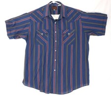 Plains Western Shirt Men's XL Snap Buttons Short Sleeve Blue Striped Casual