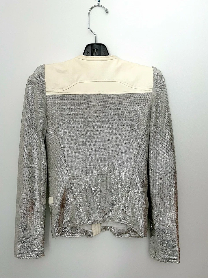Chaqueta IRO Plateada Lentejuelas Cuero Blanco Cremallera Talla FR 36 US 2 Foto 2 de 4