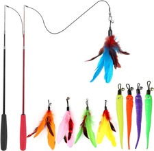 Cat Feather Toy, Retractable Cat Toys Wand 2 Wands  9 Assorted Teaser Refills,