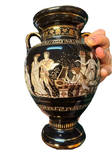 Handgefertigte griechische Olympia Amphore Vase schwarz figürliche Szene 24k Gold Antikgriechenland - Bild 3 von 6