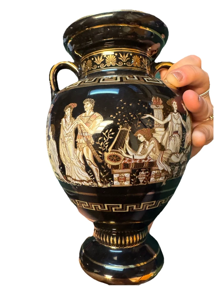 Handmade Greek Olympia Amphora Vase Black Figural Scene 24k Gold Ancient Greece - Image 3 of 4