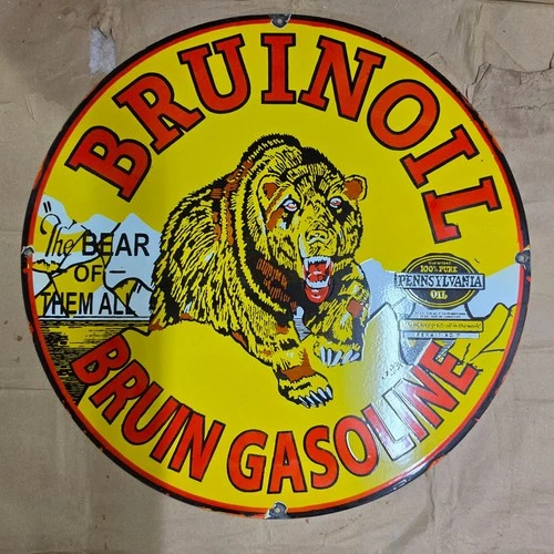 BRUINOIL GASOLINE PORCELAIN ENAMEL SIGN 29 X 29 INCHES
