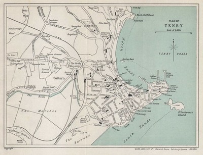 TENBY Vintage Touristenstadt Stadt Resort Plan. Wales. WARD LOCK 1938 alte Karte
