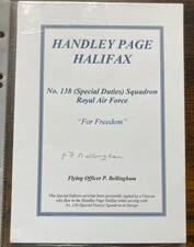 WW2 RAF F/O P Bellingham 138 Sqn signed Handley Page Halifax bomber bookplate