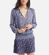 GAP Floral Smocked Waist Dress Sz S  Blue Red Long Sleeve Tie Neck Office Boho