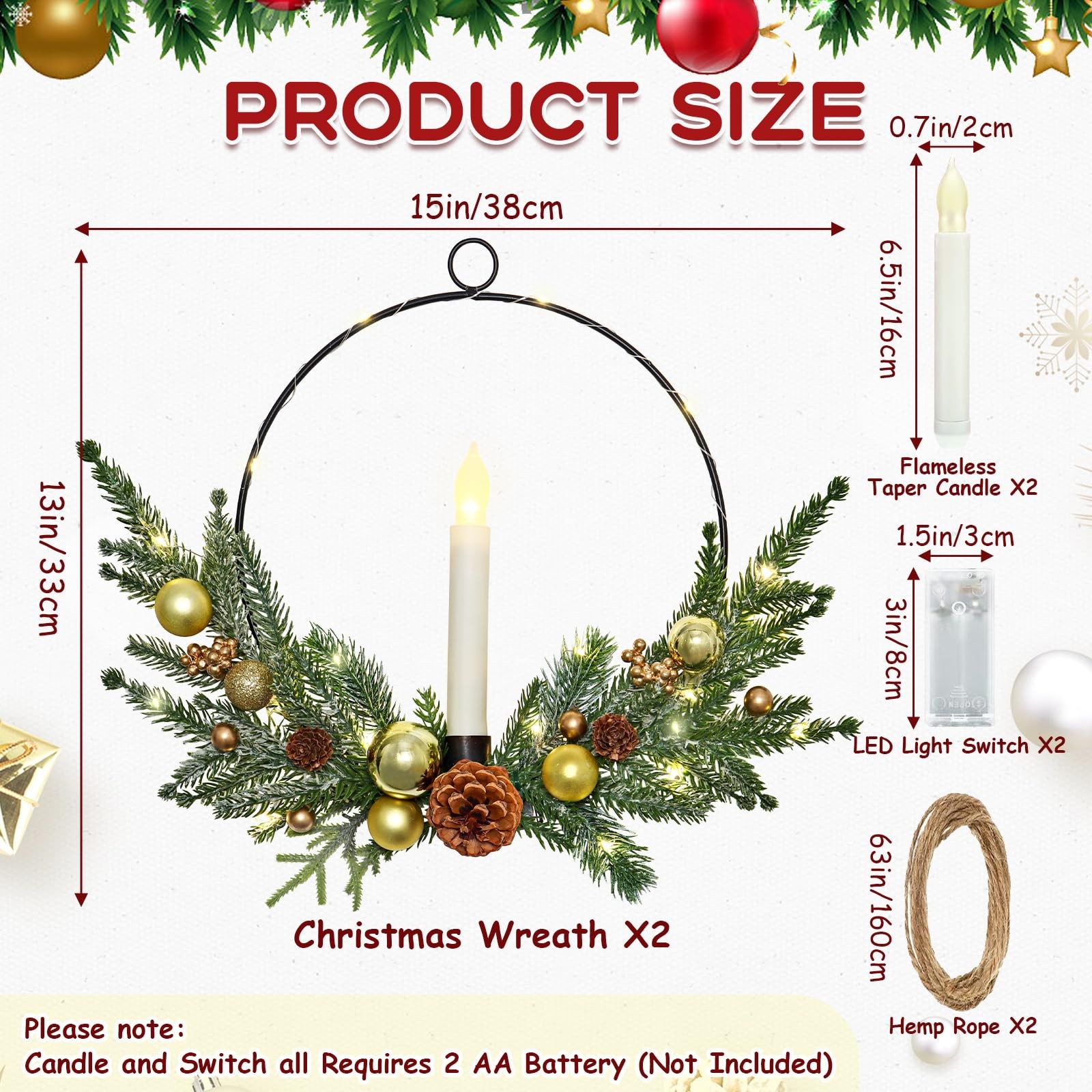 MEIVINES 2Pack Christmas Wreaths for Front Door with LED Taper Candles,16 Inc...