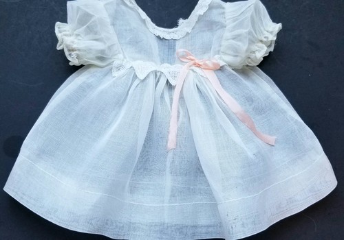 VINTAGE PALEST MINT GREEN ORGANDY DOLL DRESS WITH LACE & BOW FITS 18" DOLLS