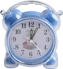 Silent Twin Bell Alarm Clock, Cartoon Design, Small Bedside Clock, Blue