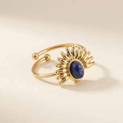 Blue Stone Sunburst Ring Engagement Ring | Elegant 14K Gold Plated Cut
