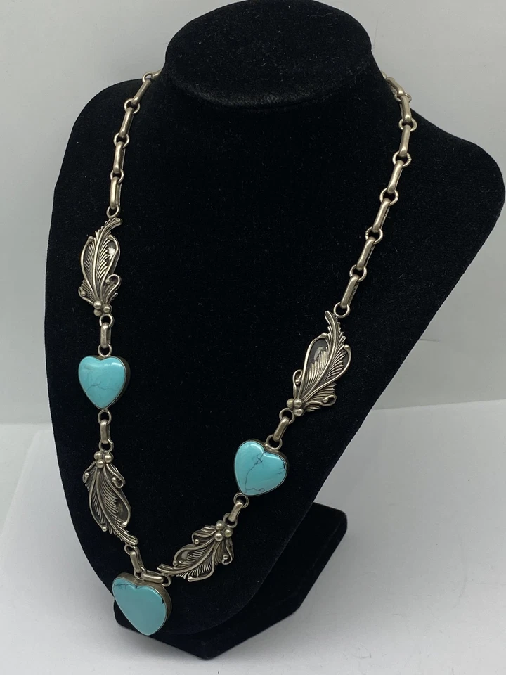 P T G Sterling silver Turquoise Heart Feather Link Necklace 70.0g - Image 3 of 4