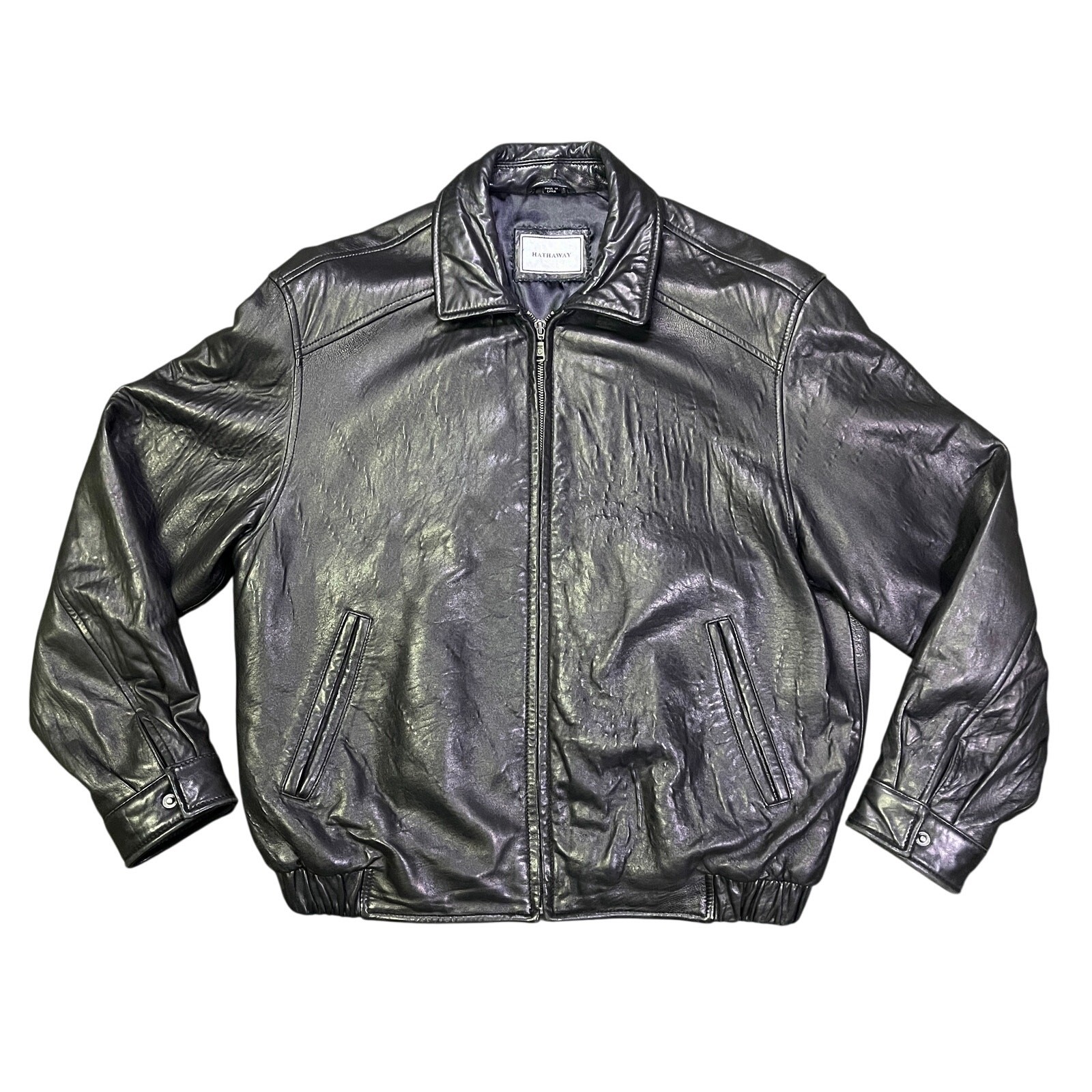 Vintage Hathaway Jacket Mens Large Black Leather Bomber Full Zip Biker Grunge