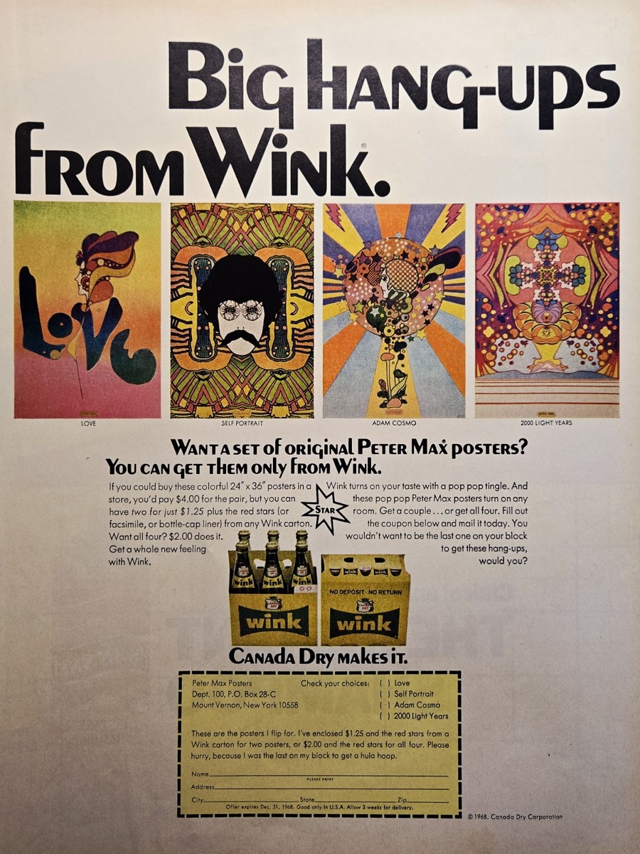 1968 Wink Soda Pop Peter Max Poster Offer Print Ad Big Hang-Ups