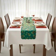 Quilted Reversible Christmas Table Runner 53" Green Pine Cone Red Plaid Scallop