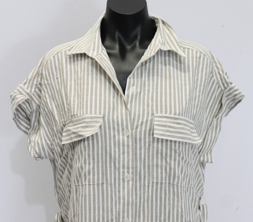 Max Studio Women's Short Sleeve Striped Midi Shirt Dress LB3 Beige/White Medium - Picture 2 of 6